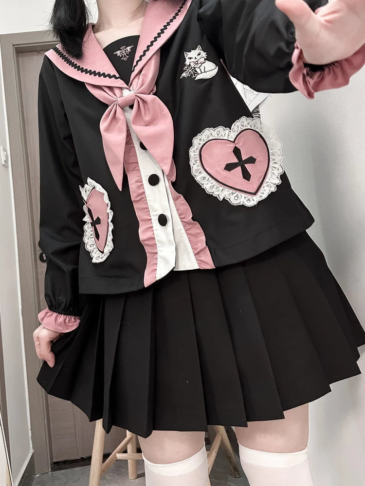 Women's Kawaii Cat Embroidery Blouse & Pleated Mini Skirt Set