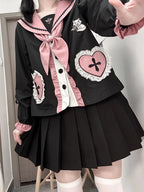 Women's Kawaii Cat Embroidery Blouse & Pleated Mini Skirt Set