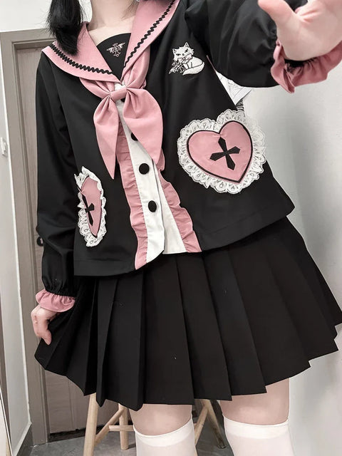 Kawaii Cat Embroidery Blouse and Pleated Mini Skirt Set front