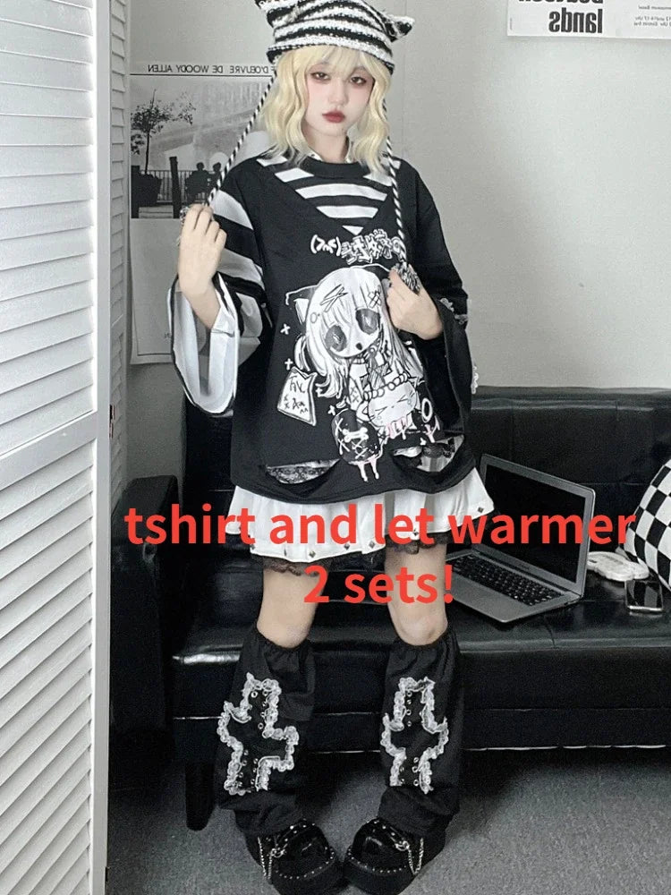 Japanese Fashion Fake Two Pieces Cartoon Print T-shirts - Vusy Kawaii Shop