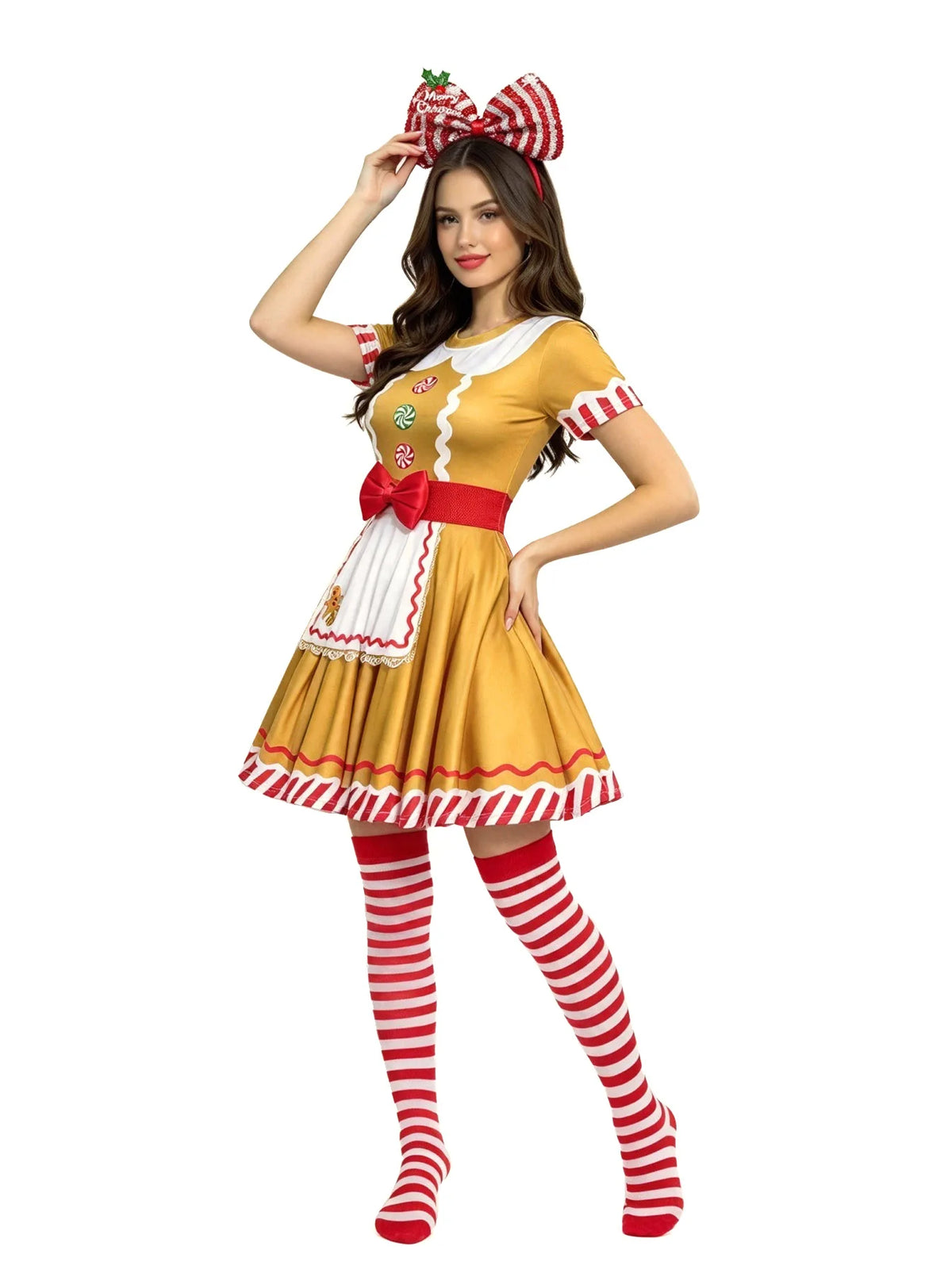 Gingerbread woman costume with white apron and gingerbread print, close up