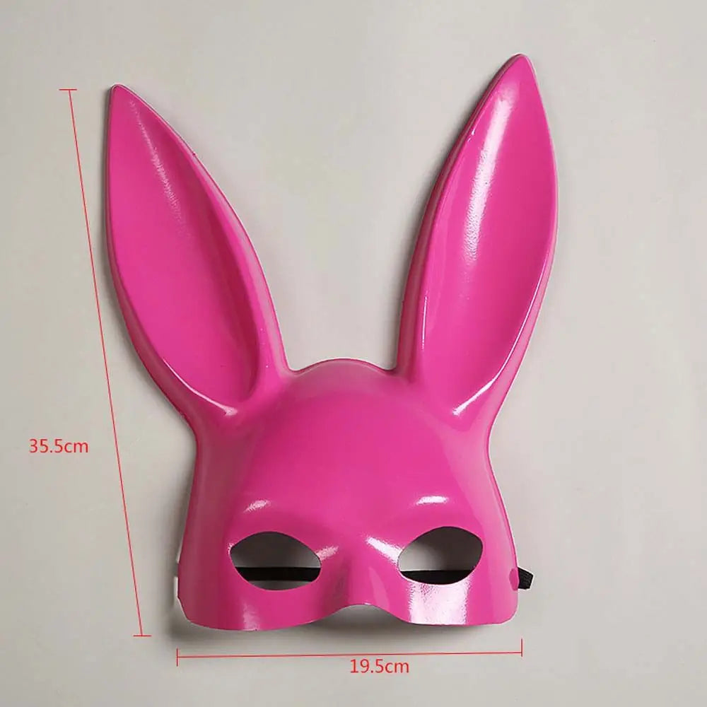 Hot pink glossy bunny ear mask with size measurements, front view