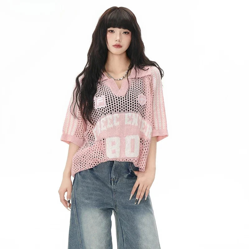 American Vintage Hollow Out Knit Tops Polo Shirt Graphic T - Vusy Kawaii Shop