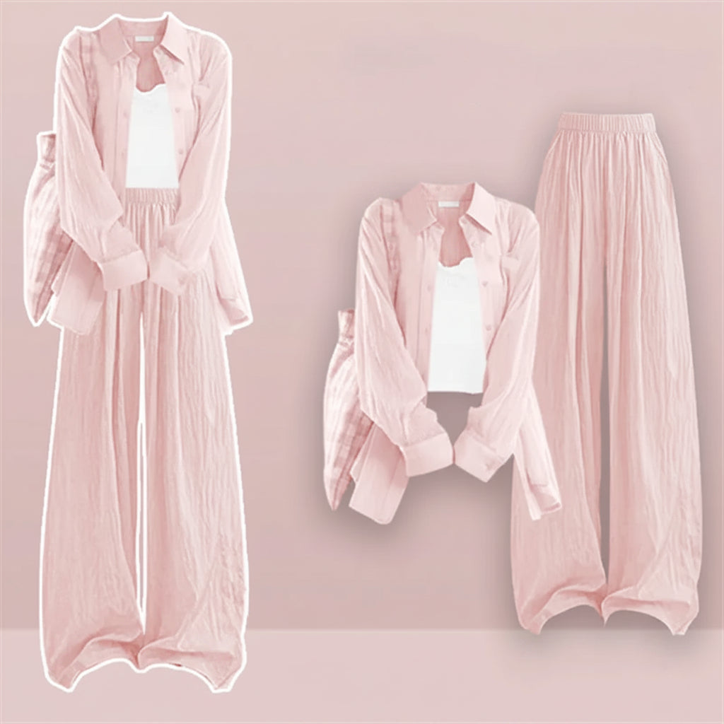 Summer Sunscreen Shirt White Vest Wide Leg Pants Three Piece - Vusy Kawaii Shop