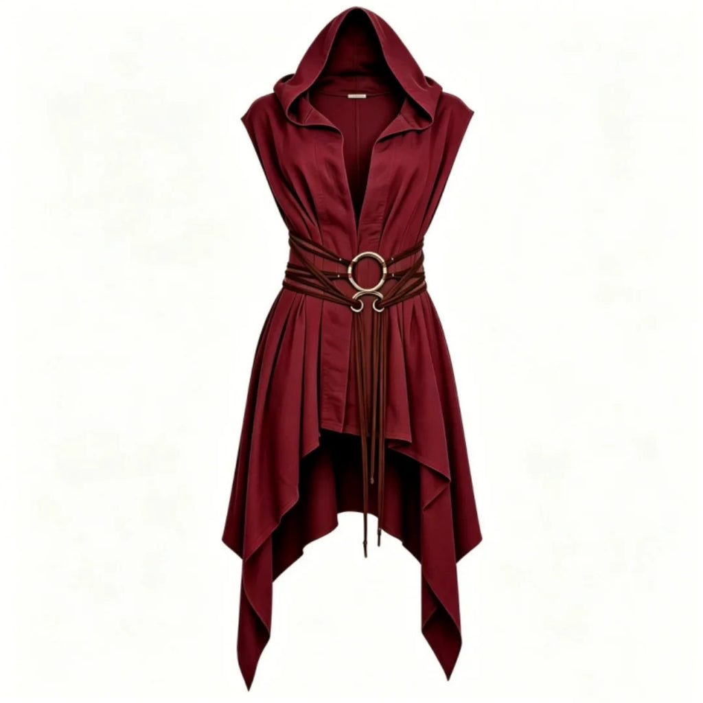 Burgundy medieval elf ranger hooded sleeveless tunic with wrap belt on white background