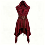 Burgundy medieval elf ranger hooded sleeveless tunic with wrap belt on white background