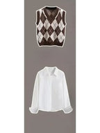 Pants Sets Contrast Plaid V Neck Knitted Vest White Shirt - Vusy Kawaii Shop