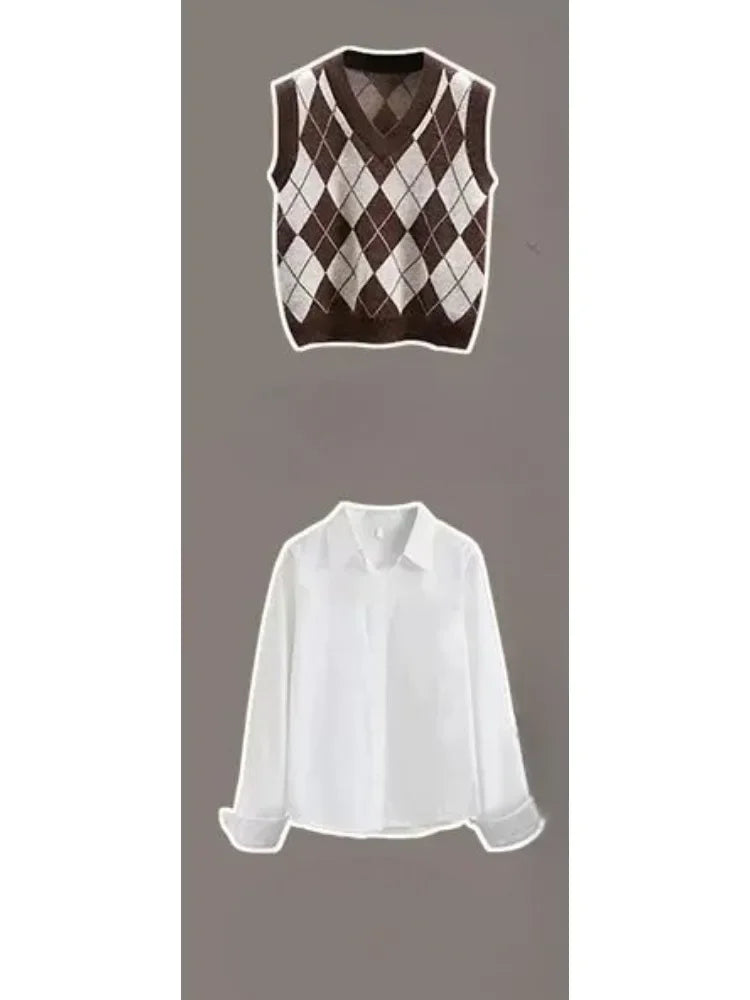 Pants Sets Contrast Plaid V Neck Knitted Vest White Shirt - Vusy Kawaii Shop