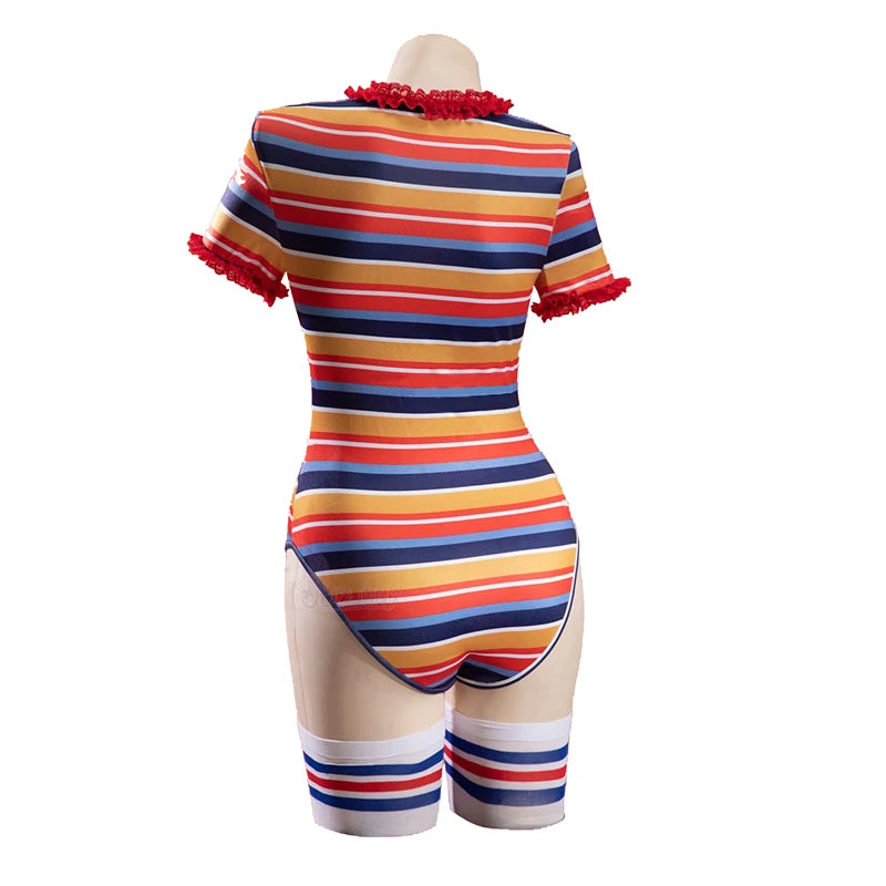 Back view of striped short sleeve bodysuit with striped socks for Bride of Chucky costume