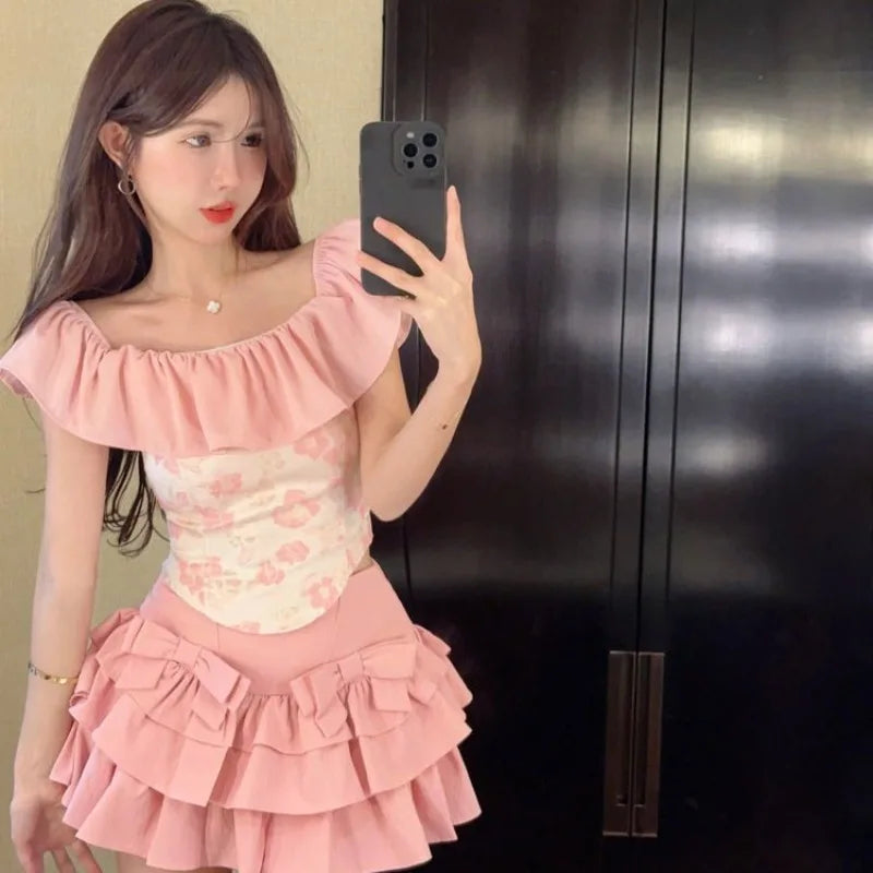Sweet Off Shoulder Ruffles Collar Pink Top and Yk Slim Waist - Vusy Kawaii Shop