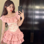 Sweet Slash Neck Ruffles Slim Fit Top for Set - Vusy Kawaii Shop