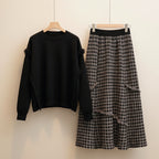 Women Winter Vintage Chic Sweater Plaid Skirts Lady Black - Vusy Kawaii Shop