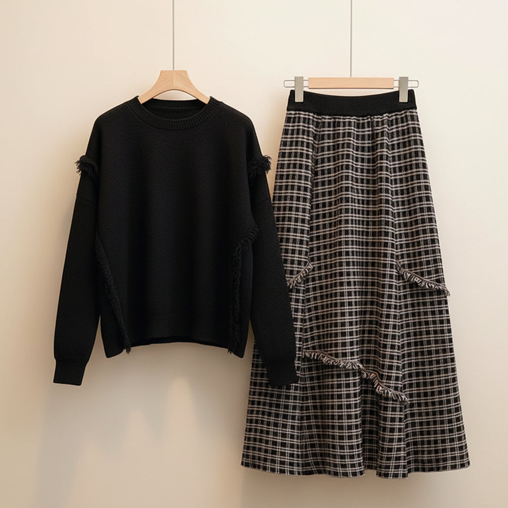 Women Winter Vintage Chic Sweater Plaid Skirts Lady Black - Vusy Kawaii Shop