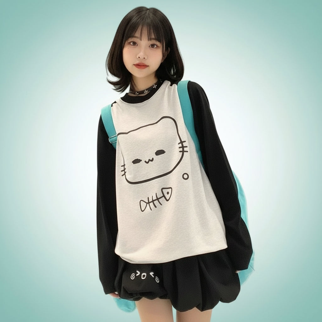 Women Clothing Cartoon Oversized T Shirts Long Sleeve O-neck - Vusy Kawaii Shop