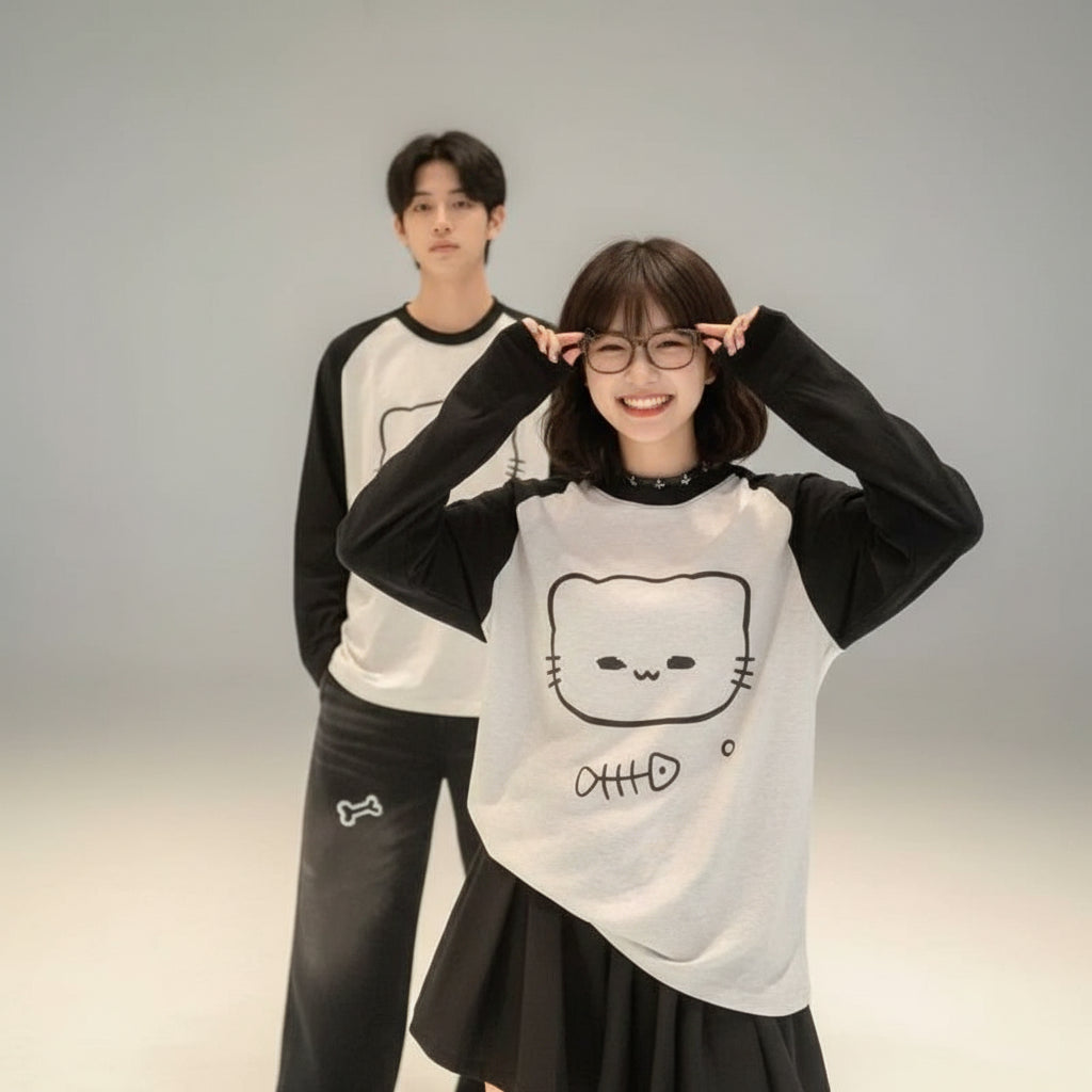Women Clothing Cartoon Oversized T Shirts Long Sleeve O-neck - Vusy Kawaii Shop