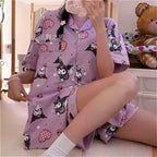 Sweet Hello Kitty Girls Pajama Sets Loose Soft Sanrio Cartoon Kuromi Cute Womens Nightgown Short Sleeve Sleepwear Clothes Summer