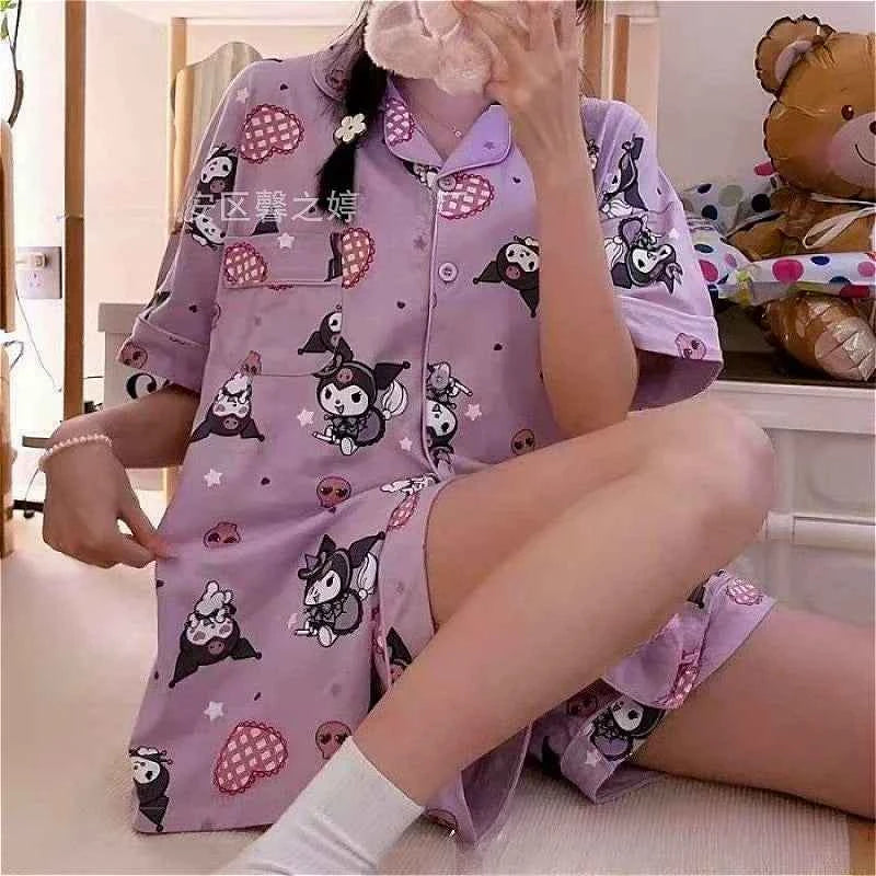 Sweet Hello Kitty Girls Pajama Sets Loose Soft Sanrio Cartoon Kuromi Cute Womens Nightgown Short Sleeve Sleepwear Clothes Summer