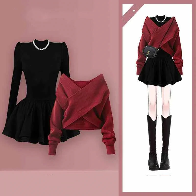 Women Graceful Pink Short Sweater Mini Black Ball Gown - Vusy Kawaii Shop