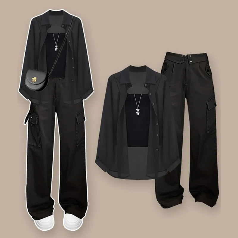 Korean Kawaii 3-Piece Set Chiffon Cardigan Cargo Pants - Vusy Kawaii Shop