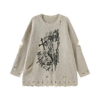 Khaki Ripped Sweater Spring-Autumn Lazy Style Cartoon Girl - Vusy Kawaii Shop