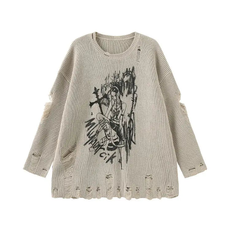 Khaki Ripped Sweater Spring-Autumn Lazy Style Cartoon Girl - Vusy Kawaii Shop