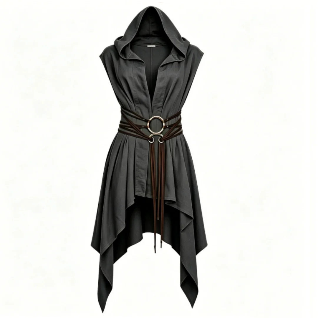 Gray medieval elf ranger hooded sleeveless tunic with wrap belt on white background