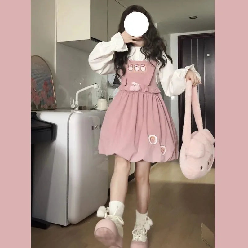 Japanese Sweet Slim Waist Bow Strap Dress and Cute Peter Pan - Vusy Kawaii Shop