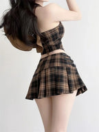 Chic Fashion Women 2 Sets Vintage Sexy Off Shoulder Plaid - Vusy Kawaii Shop