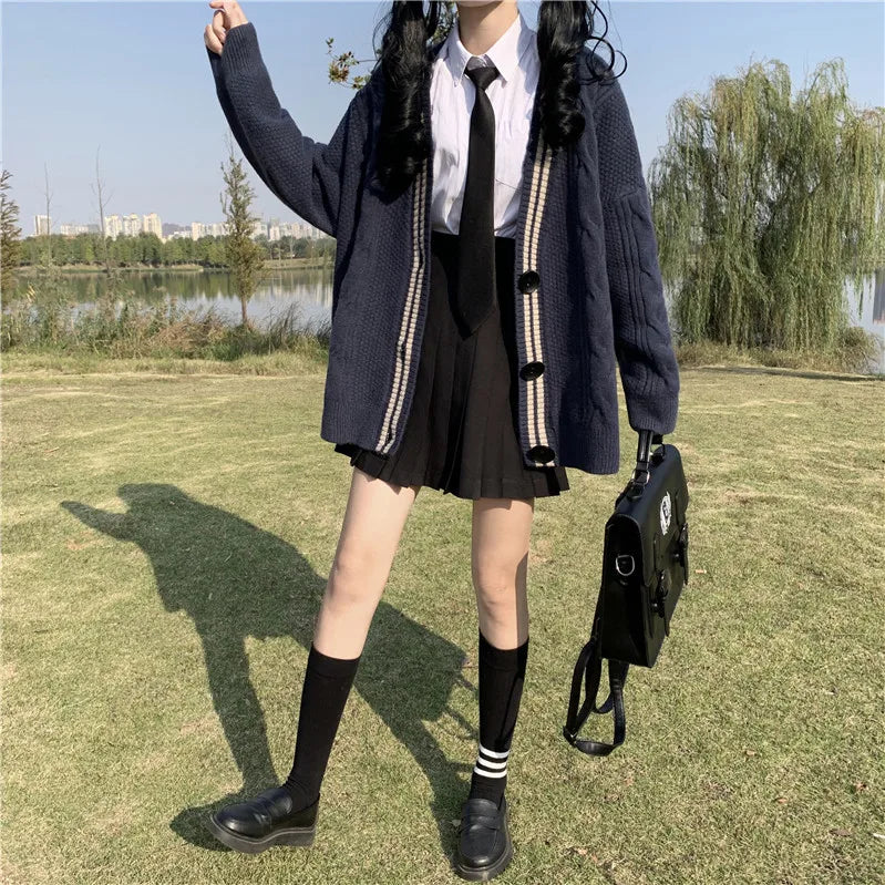 Varsity-Striped Cardigan Sweater Long Sleeve Button-up - Vusy Kawaii Shop