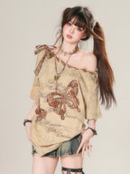 Off Shoulder T Shirt Women Streetwear Loose Harajuku - Vusy Kawaii Shop