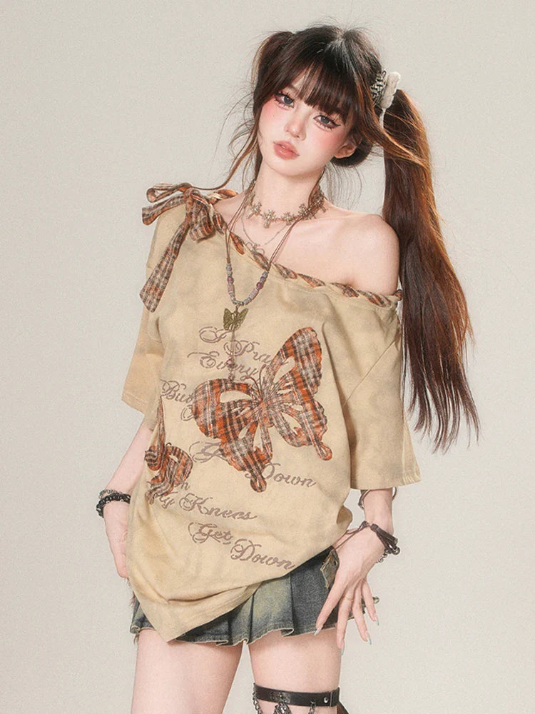 Off Shoulder T Shirt Women Streetwear Loose Harajuku - Vusy Kawaii Shop