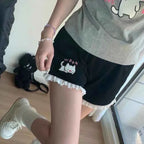 Japanese Cartoon Cat Embroidery Lotus Leaf Edge Shorts