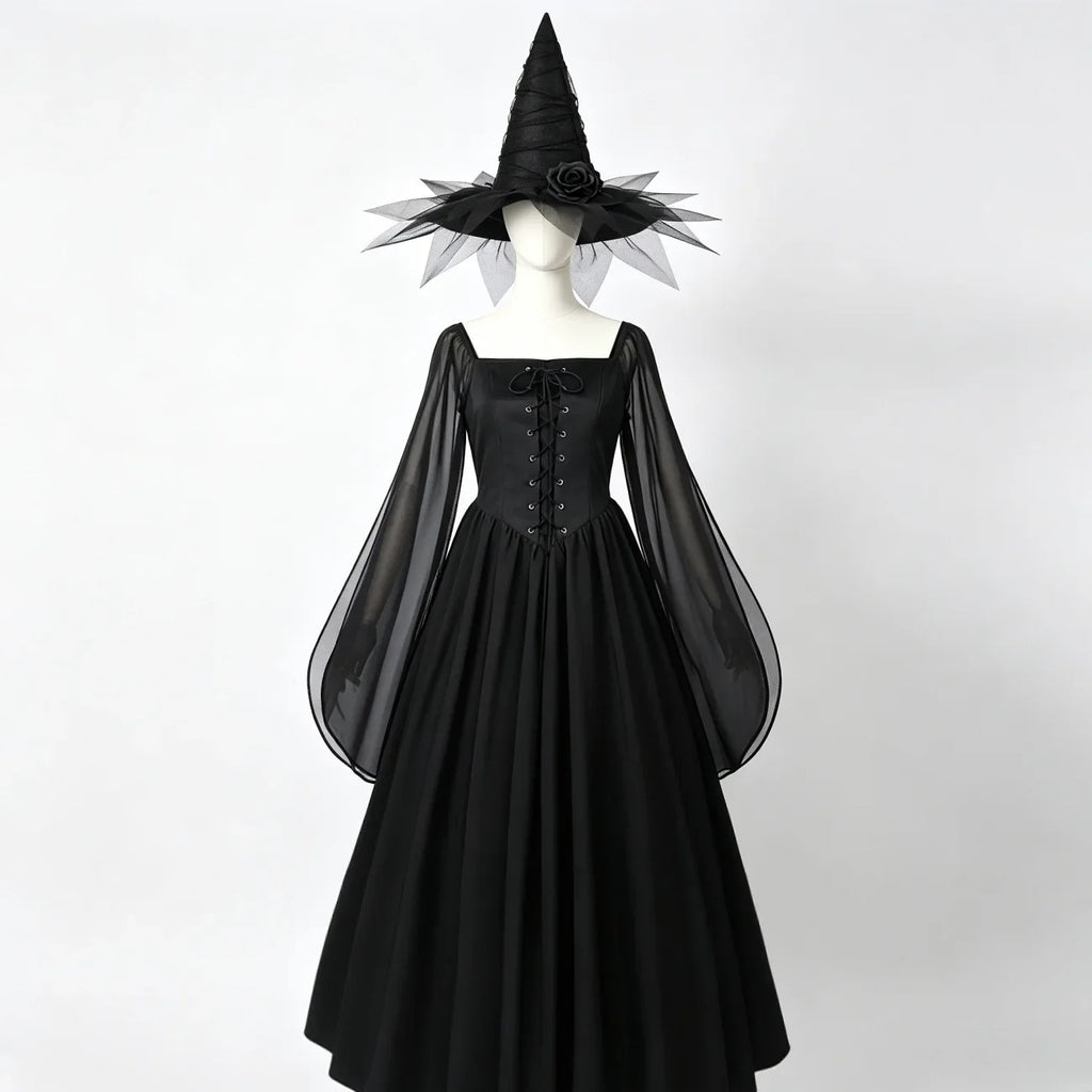 Dark witch Halloween dress with pointed hat displayed on a mannequin