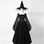 Dark witch Halloween dress with pointed hat displayed on a mannequin