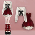 Red Velvet Dress and White Bow Sweater Set