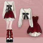 Red velvet dress with white bow sweater, full outfit front view