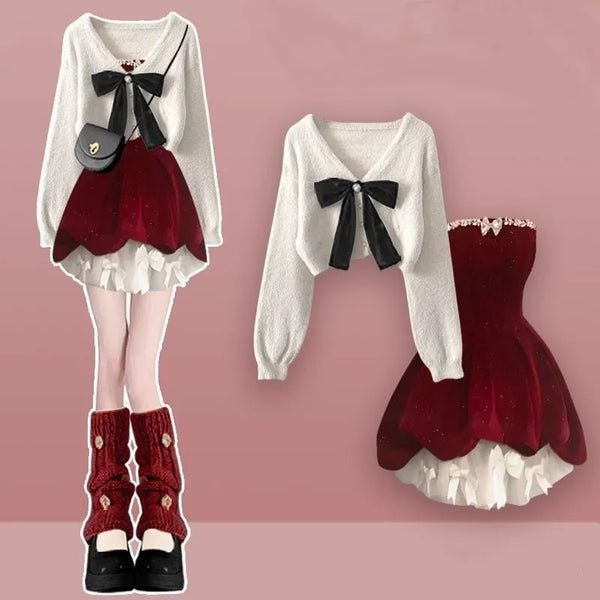 Red velvet dress with white bow sweater, full outfit front view