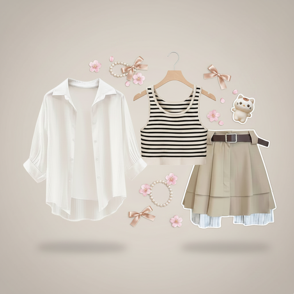 Smart Casual Three-Piece Set Loose Shirt · Inner Tank · Pleated Skirt
