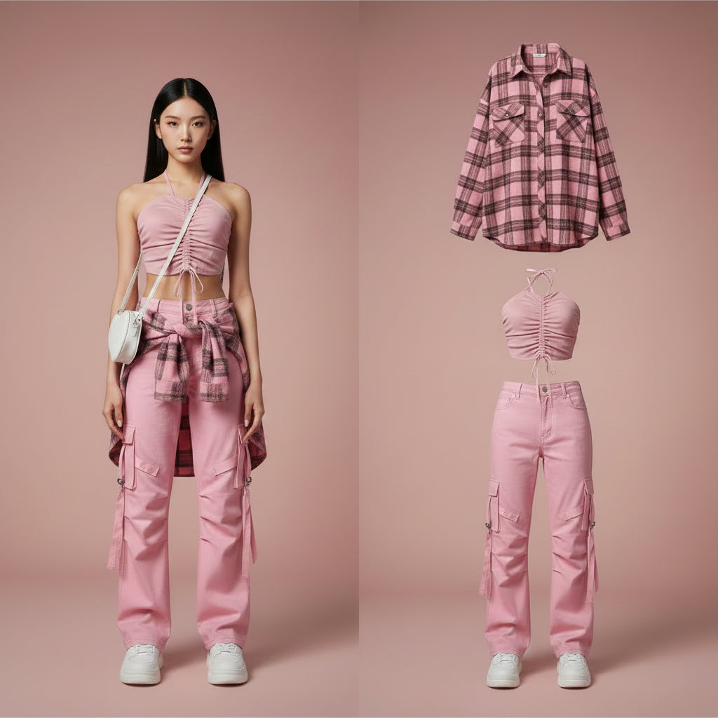 Women Spring Autumn Loose Plaid Shirts Vest Cargo Pants - Vusy Kawaii Shop