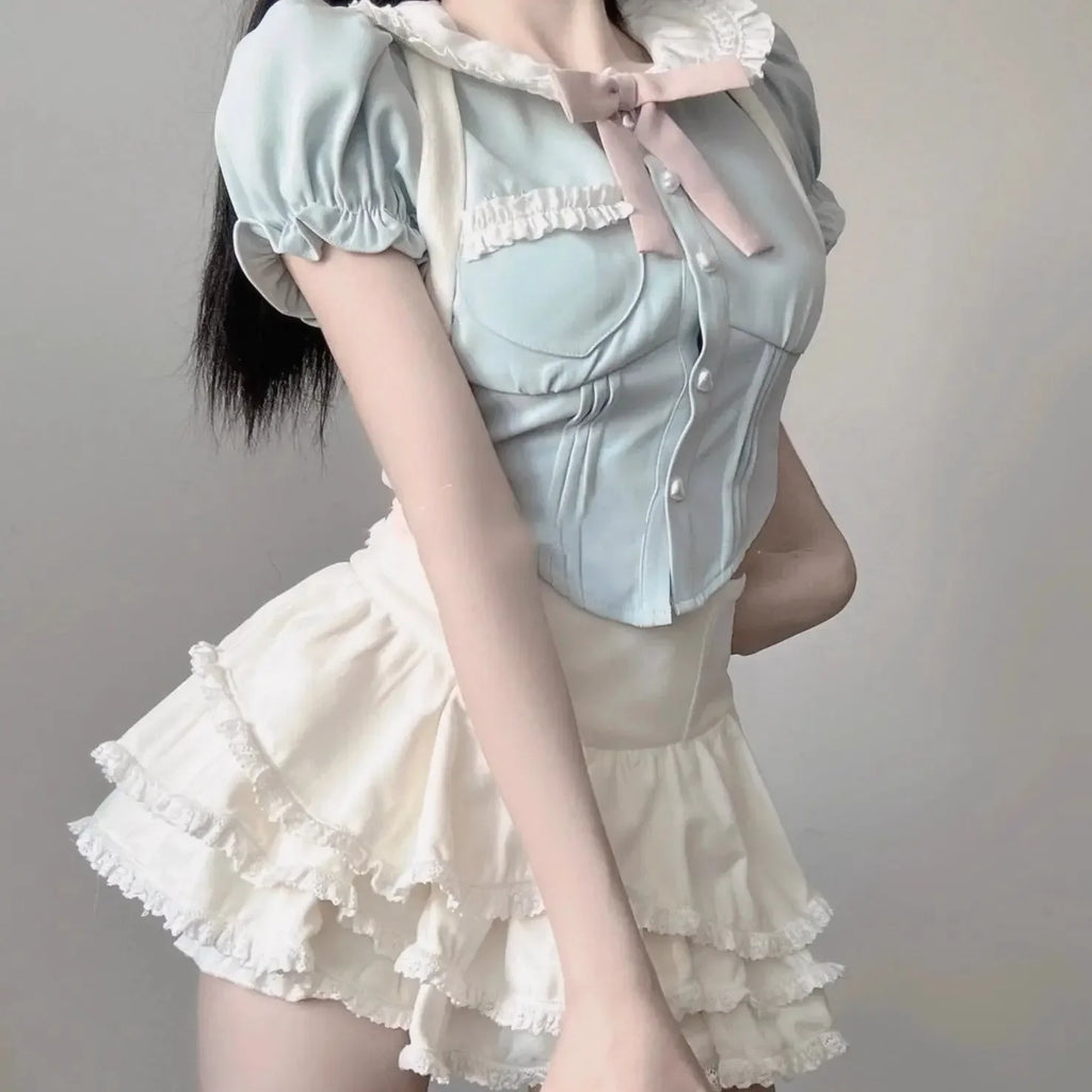 Kawaii Kawaii Clothing 2 Piece Sets Puff Mini Skirts Crop - Vusy Kawaii Shop