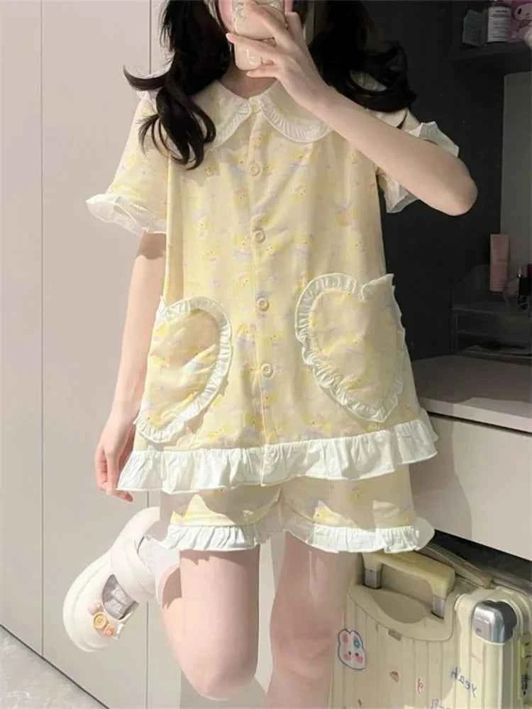 Sweet Sleepwear Women Pajama Sets Lingerie Cartoon Print Short Sleeve Tops Shorts Japanese Loungewear Kawaii Ruffles Pajamas New