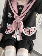 Women's Kawaii Cat Embroidery Blouse & Pleated Mini Skirt Set