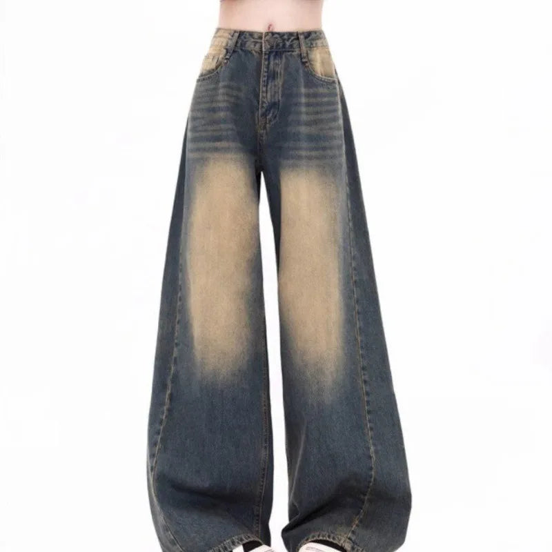 Cream Wool Coat Sweater and Wide Leg Jeans Set, gradient wash wide-leg jeans