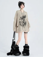 Khaki Ripped Sweater Spring-Autumn Lazy Style Cartoon Girl - Vusy Kawaii Shop
