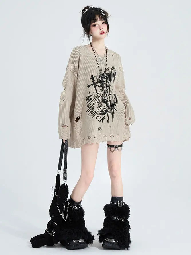 Khaki Ripped Sweater Spring-Autumn Lazy Style Cartoon Girl - Vusy Kawaii Shop