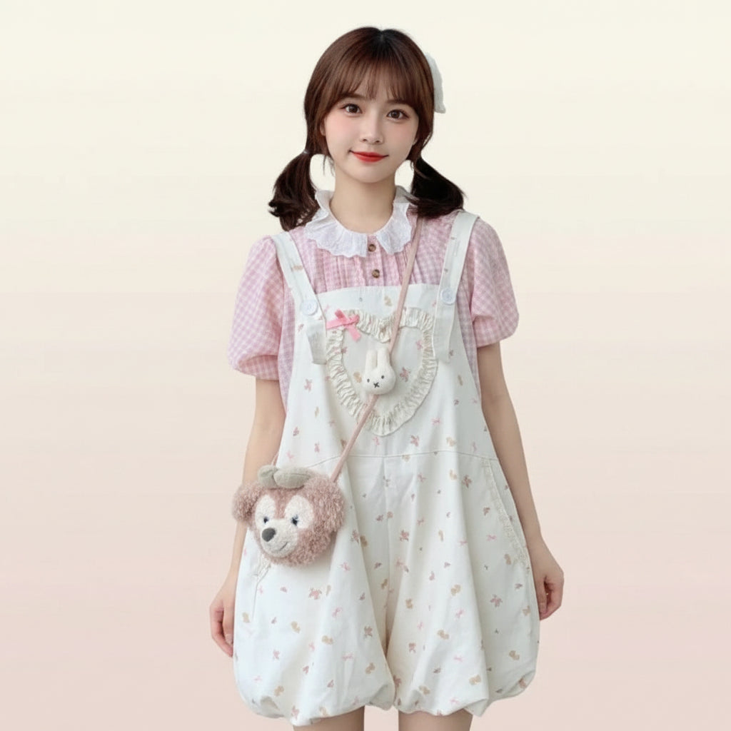 Japanese Peter Pan Collar Puff Sleeve Plaid Shirt Women - Vusy Kawaii Shop