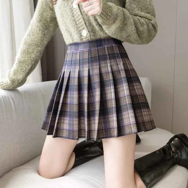 Autumn Woolen Pleated Skirts Women High Waist Dress JK