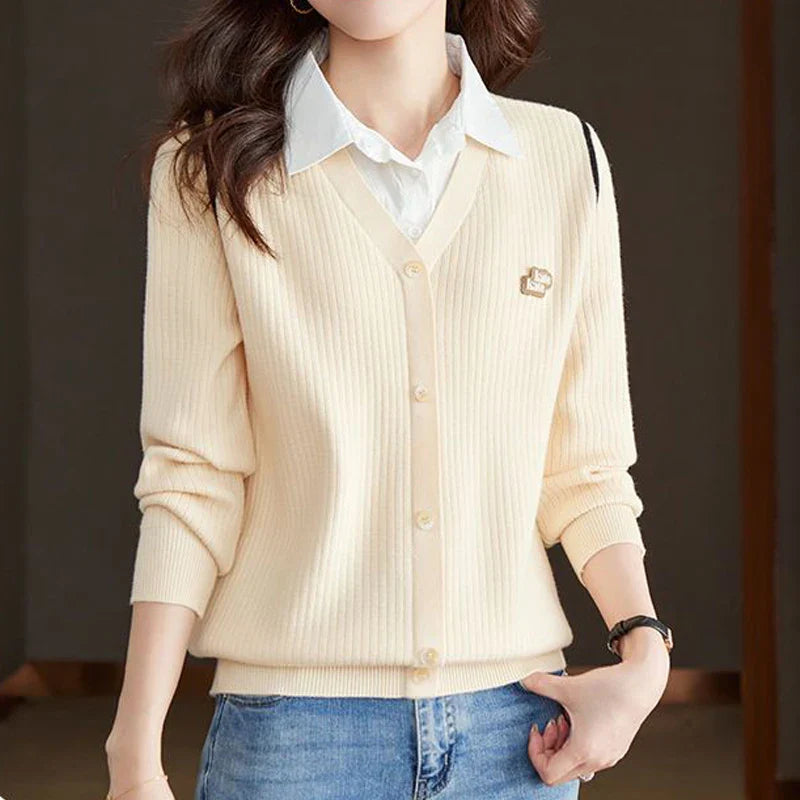 Korean Fashion Polo Collar Patchwork Fake Two Piece Knitted - Vusy Kawaii Shop