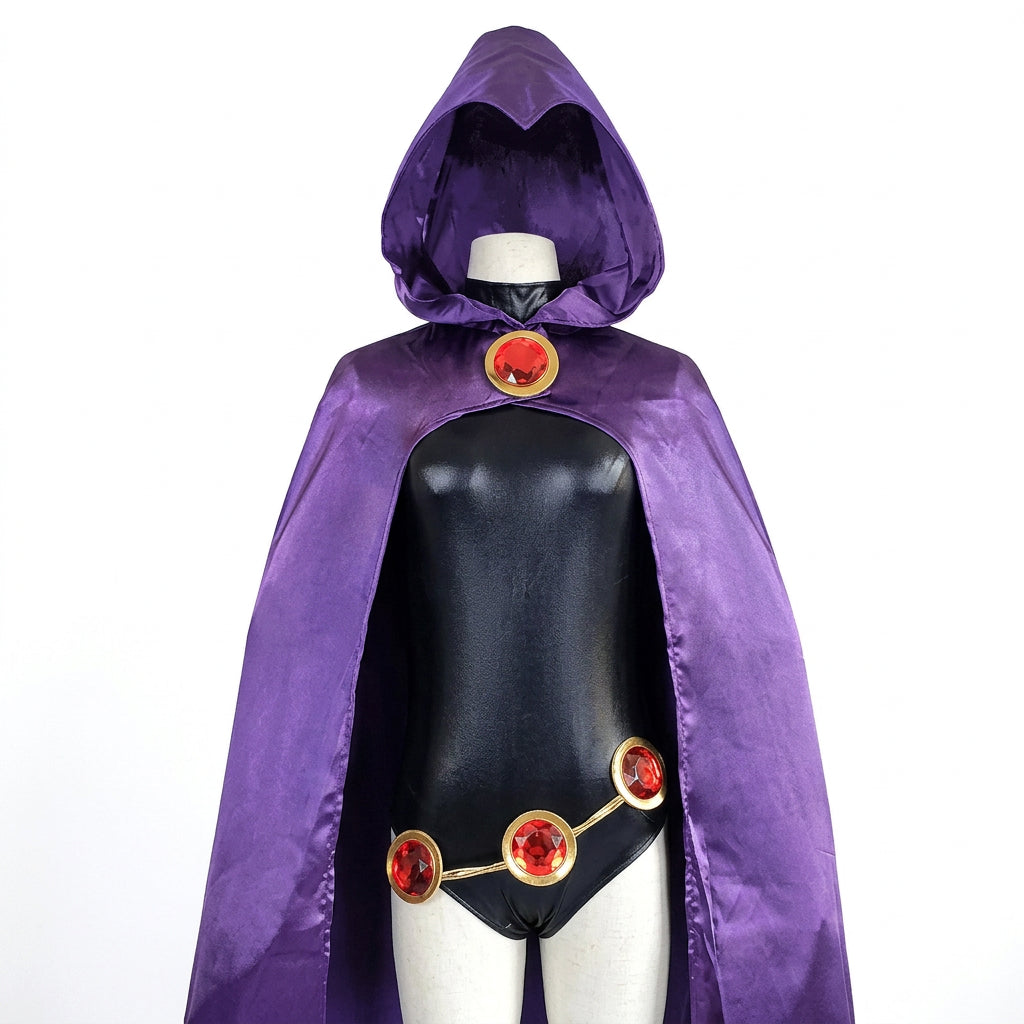 Raven cosplay costume with flowing purple cloak, side view