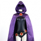 Raven cosplay costume with flowing purple cloak, side view